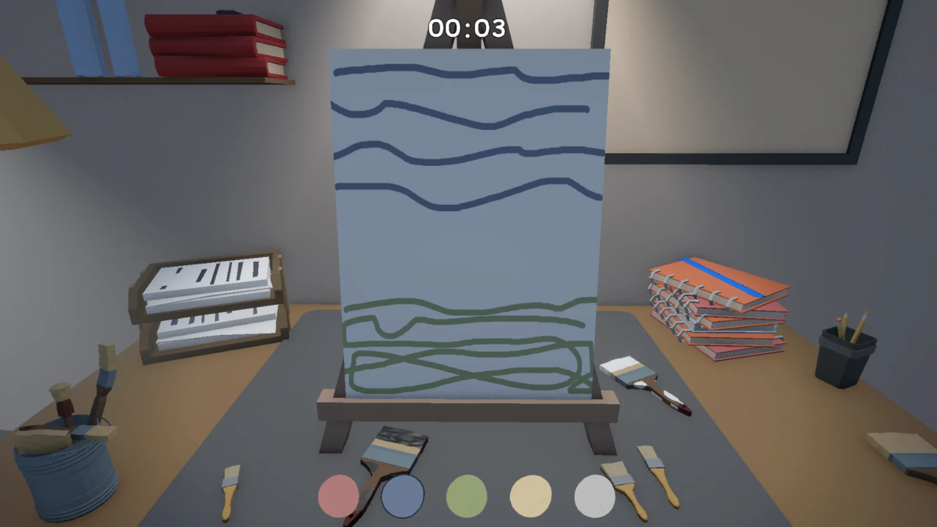 The in-game easel, color palette, brushes, and countdown during a painting stage.